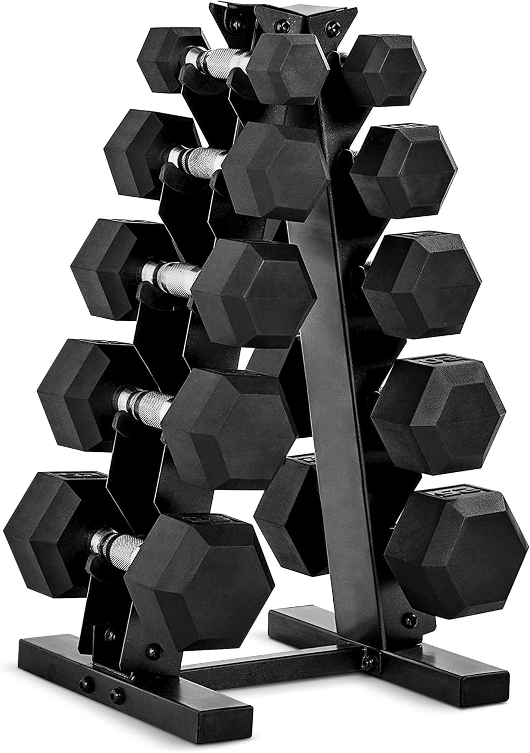 Rubber Coated Hex Dumbbell Set with Storage Rack | 100–210 Lb Options, Space-Saving Vertical Compact Storage for Home Gym Strength Training