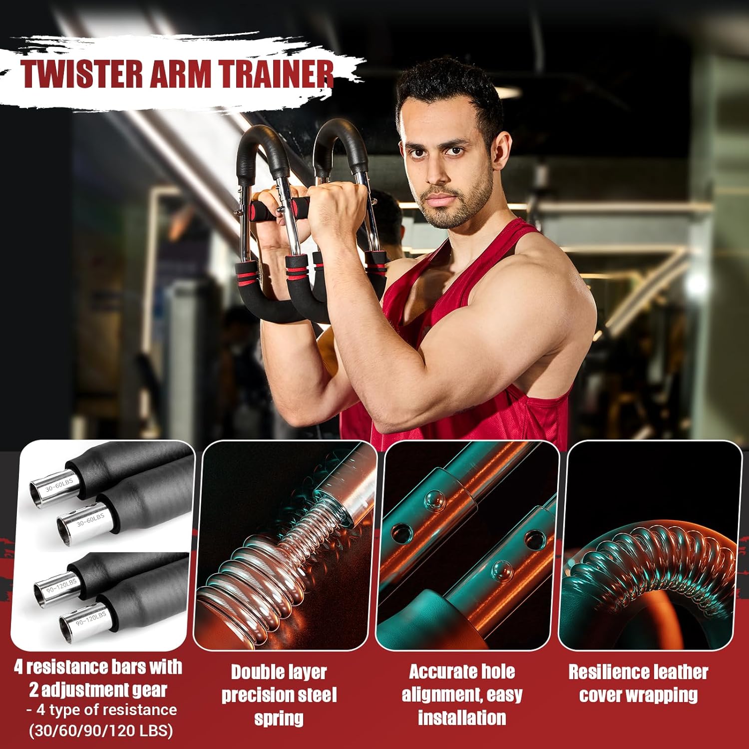 Twister Arm Trainer, 30-120 Lbs Adjustable Twister Arm Chest Exerciser with 4 Spring & Poster for Men & Women, Detachable Power Twister Home Fitness Equipment for Enhancing Upper Body Muscle