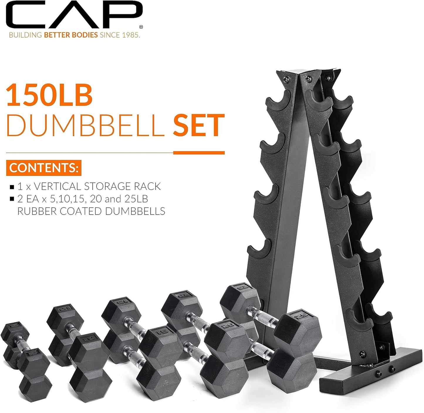 Rubber Coated Hex Dumbbell Set with Storage Rack | 100–210 Lb Options, Space-Saving Vertical Compact Storage for Home Gym Strength Training
